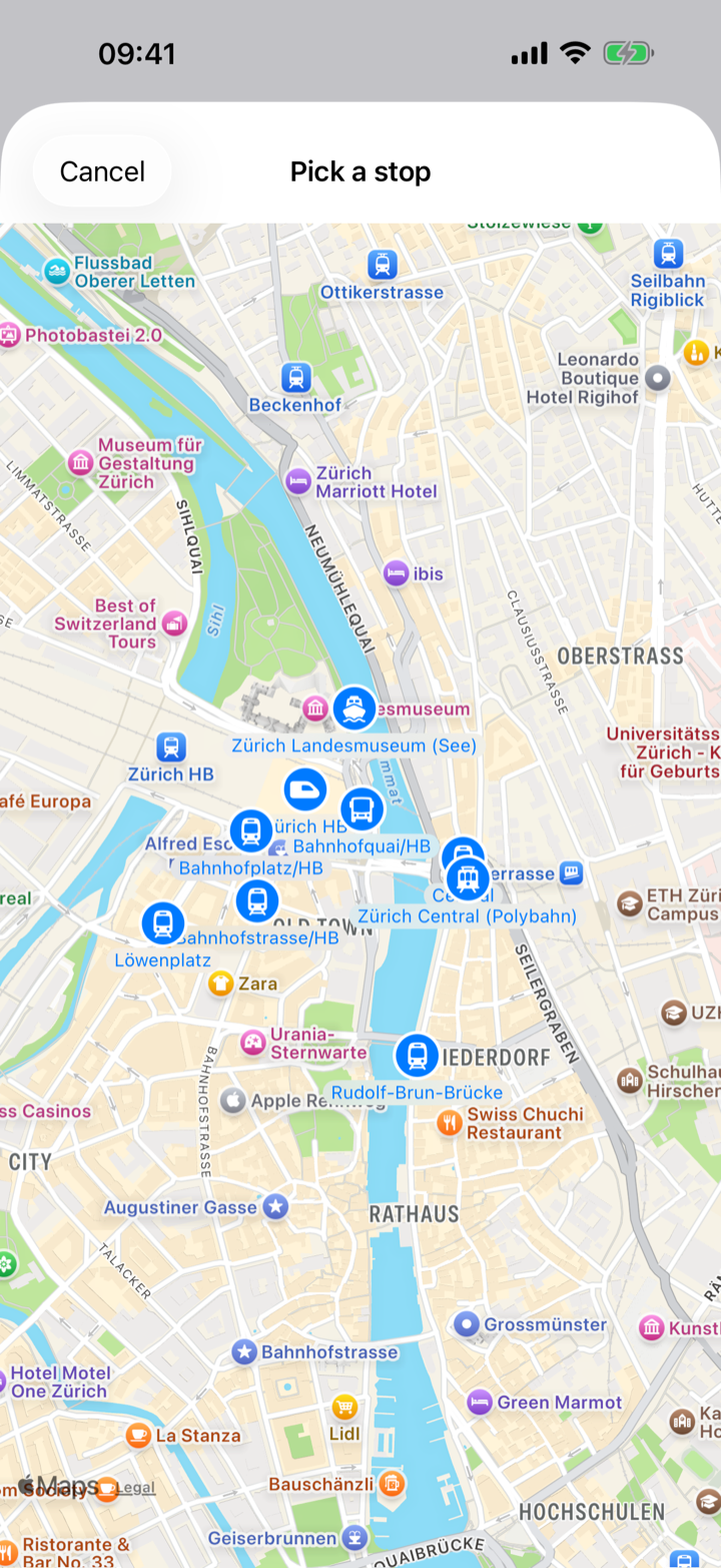 Pendli stop picker showing a map of Zürich with selectable public-transport stops