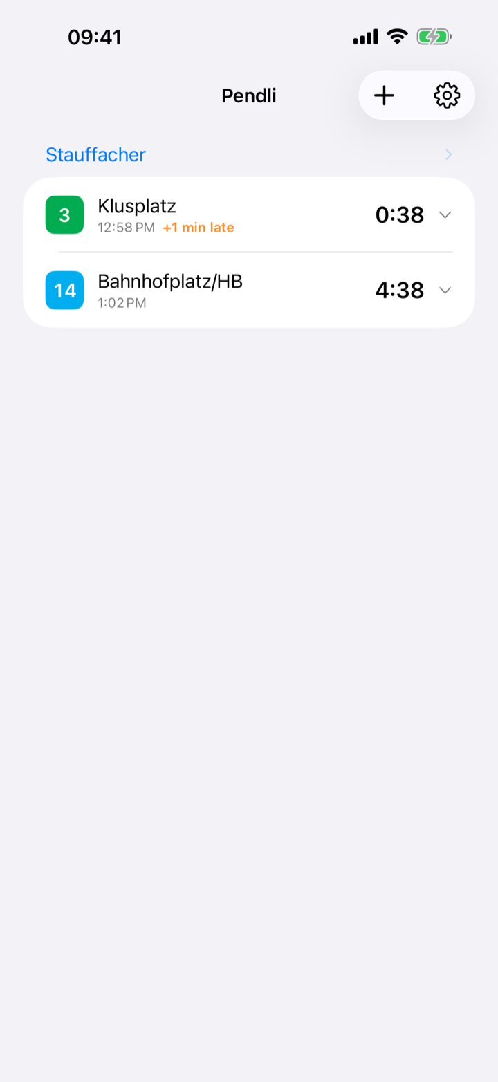 Pendli home screen showing a monitored stop with two tram lines and live departure countdowns, one with a delay