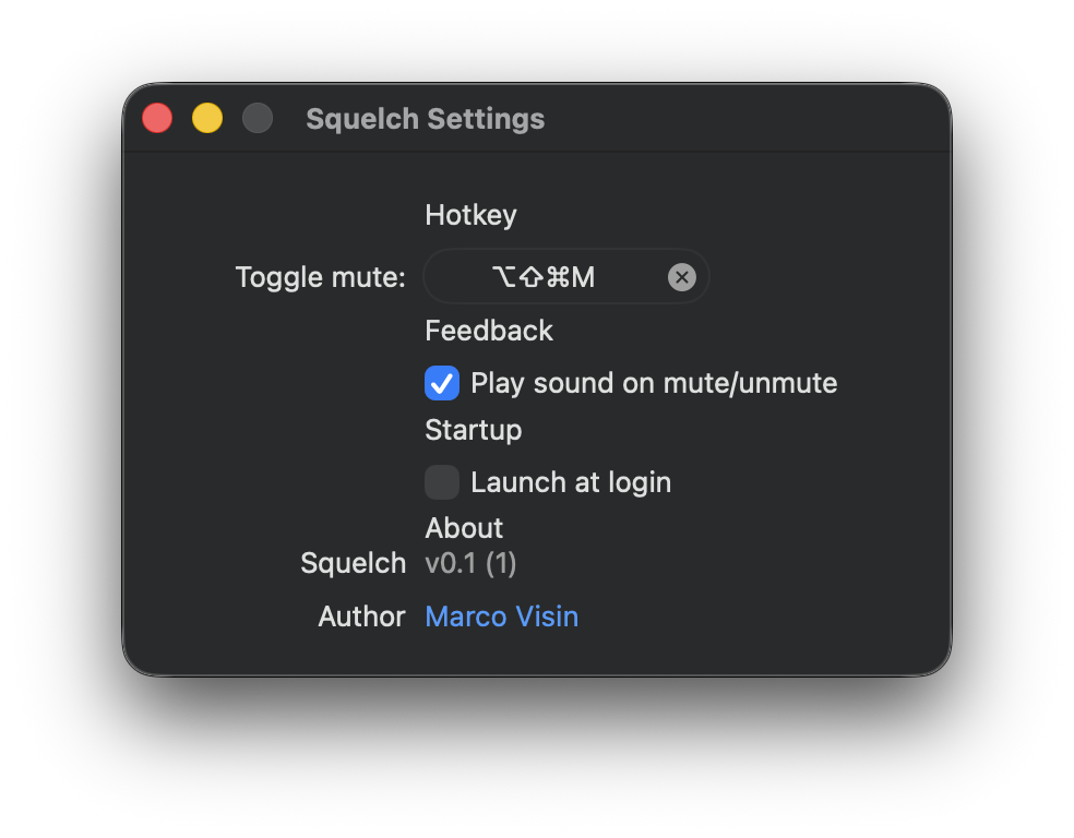 Squelch settings window showing a configurable hotkey, sound cue toggle, and launch-at-login option